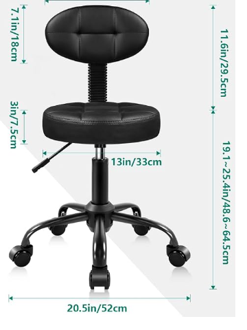 Chair Leather Rolling Stool with Swivel Wheels with Backrest Height Adjustable