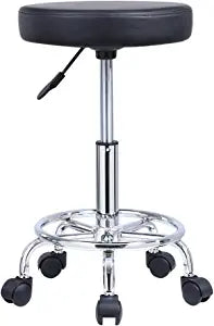 Leather Round Rolling Stool with Foot Rest-
